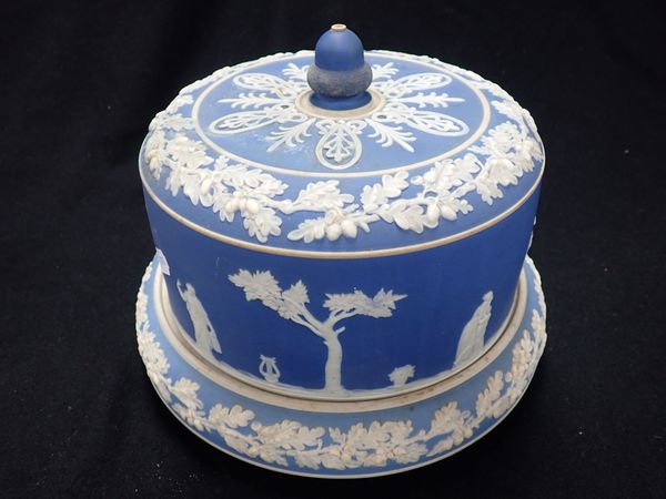 A VICTORIAN JASPER WARE CHEESE STAND AND COVER