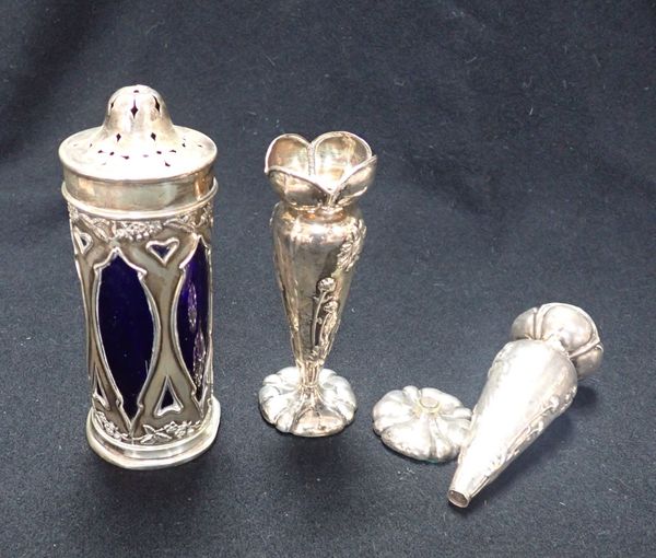 A SILVER AND BLUE GLASS SUGAR SIFTER IN ART NOUVEAU STYLE