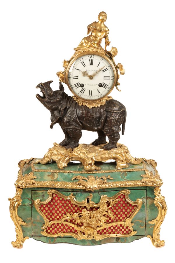AN IMPORTANT LOUIS XV GILT-BRONZE-MOUNTED STAINED HORN AND PATINATED BRONZE MUSICAL MANTEL CLOCK