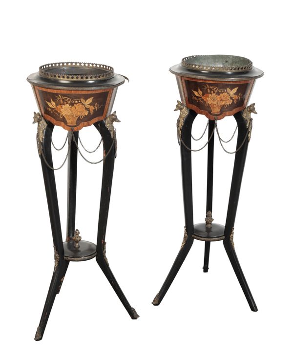 A PAIR OF FRENCH EBONY AND MARQUETRY JARDINIERES