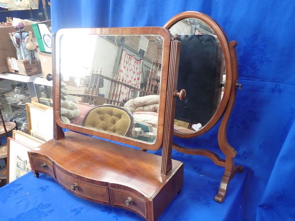 A 19TH CENTURY DRESSING TABLE MIRROR WITH SERPENTINE BOX BASE