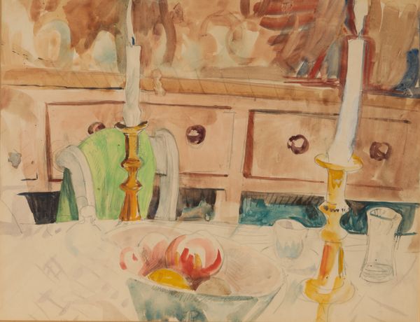 *EDNA CLARKE-HALL (1879-1979) Still life study of candlesticks and fruit on a table in an interior