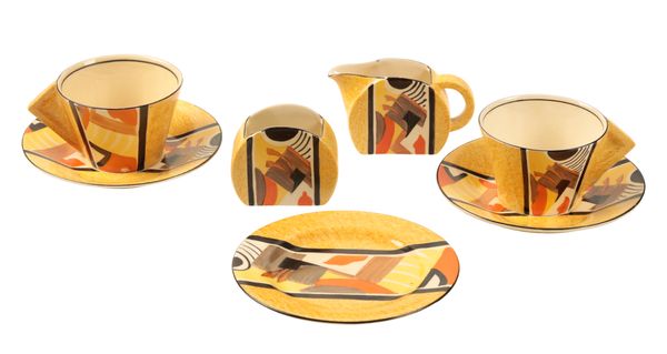 CLARICE CLIFF FOR NEWPORT POTTERY: A 'BIZARRE' 'BONJOUR' MODEL PART TEA/COFFEE SET IN THE 'XAVIER' PATTERN