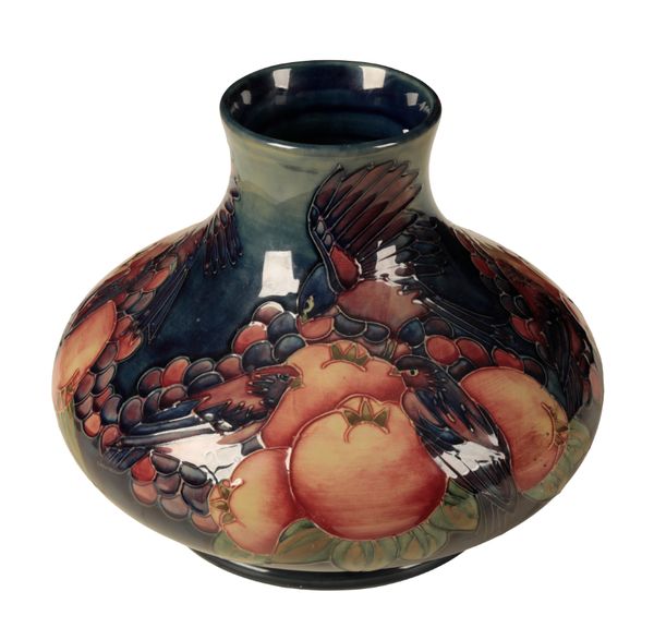 MOORCROFT: A 'FINCHES AND FRUIT' PATTERN BULBOUS VASE