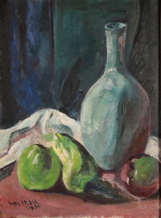 *CYRILL J. ROSS (1891-1973 Still life study of fruit and a blue vase