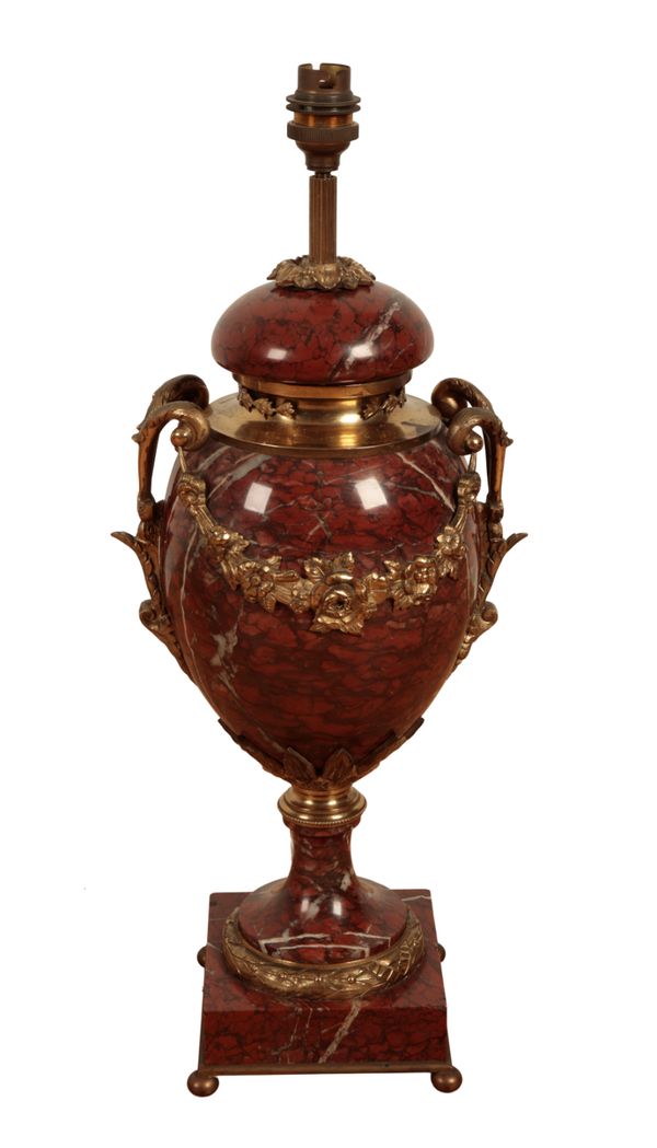 A LOUIS XV STYLE ORMOLU-MOUNTED ROUGE GRIOTTE LAMP,