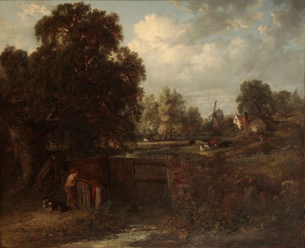 ATTRIBUTED TO EDWARD ROBERT SMYTHE (1810-1899) East Anglian landscape with a windmill, cottages, cattle and a dog and a small boy fishing by a lock