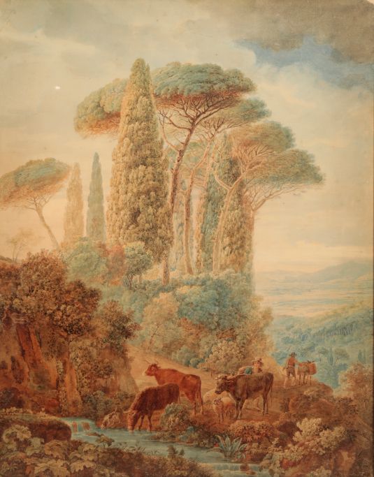 ASCRIBED TO HENRY EDRIDGE  (1769-1821) Peasants and their cattle in a wooded Italianate landscape