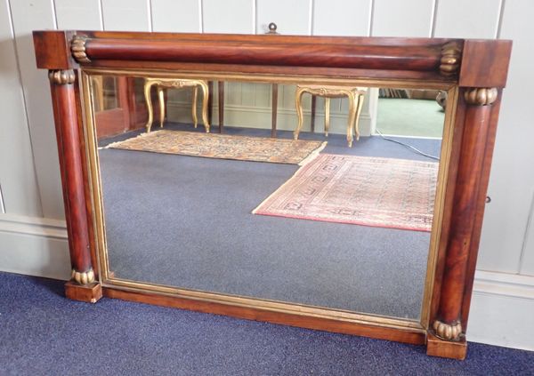 A 19TH CENTURY ROSEWOOD AND GILT OVERMANTEL MIRROR