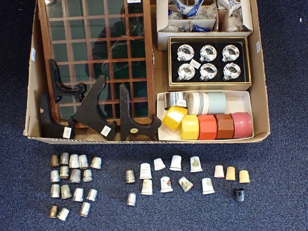 A COLLECTION OF THIMBLES, THIMBLE DISPLAY CASES, NAPKIN RINGS