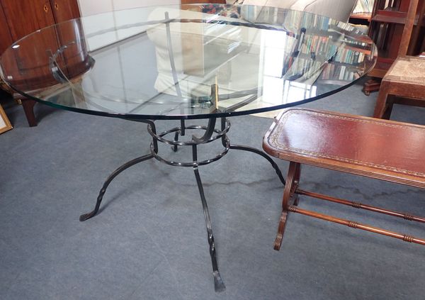 A CIRCULAR GLASS-TOP  DINING TABLE WITH IRON BASE