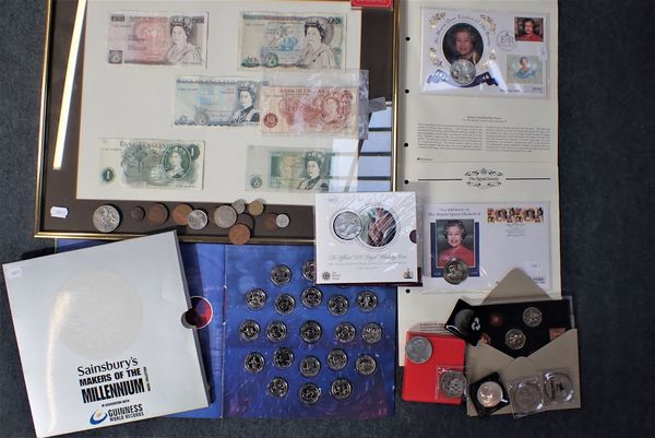 A GROUP OF BANKNOTES, FRAMED AND COINS