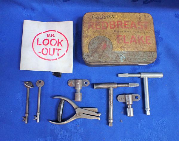 RAILWAY INTEREST: A TICKET PUNCH, TRAIN GUARD ARMBAND, CARRIAGE DOOR KEYS