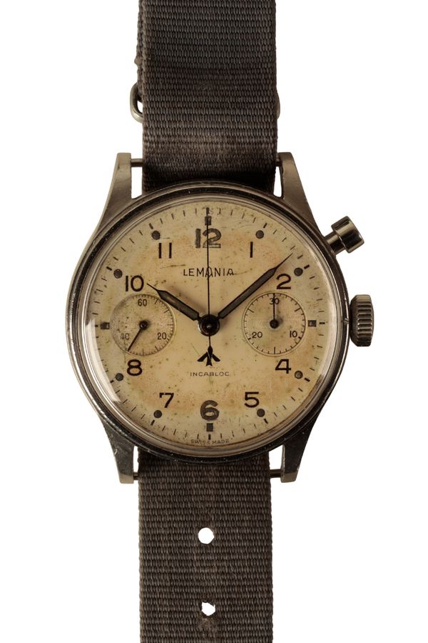 LEMANIA: A BRITISH ROYAL AIR FORCE GENTLEMAN'S CHRONOGRAPH STAINLESS STEEL WRISTWATCH