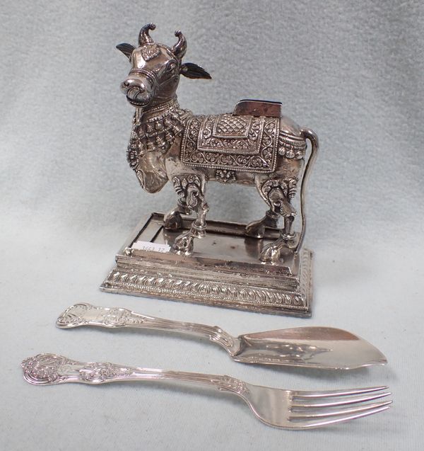 A INDIAN WHITE METAL CERMONIAL DECORATED BULL