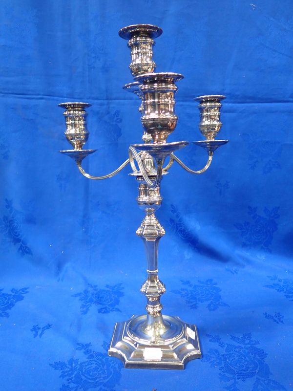 A THREE-BRANCH SILVER PLATED CANDLEABRA