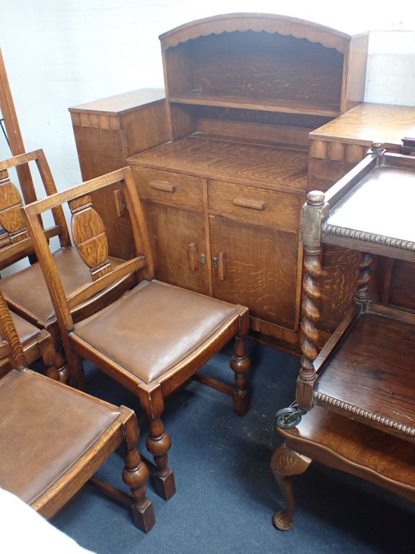 A 1930S OAK SIDEBOARD, FOUR CHAIRS