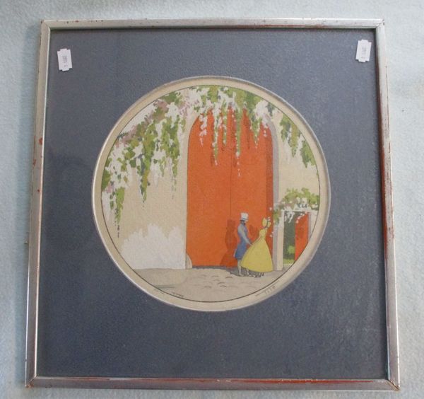 ETTORO TITO 1859-1941: COUPLE BY A DOOR, COLOUR PRINT, SIGNED