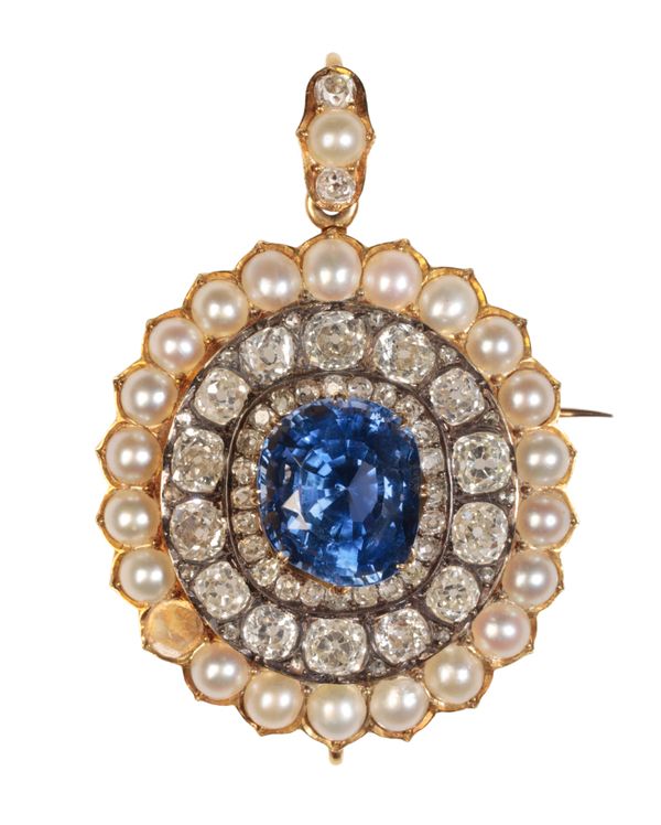 A VICTORIAN SRI LANKAN (CEYLON) SAPPHIRE, DIAMOND AND PEARL BROOCH/PENDANT