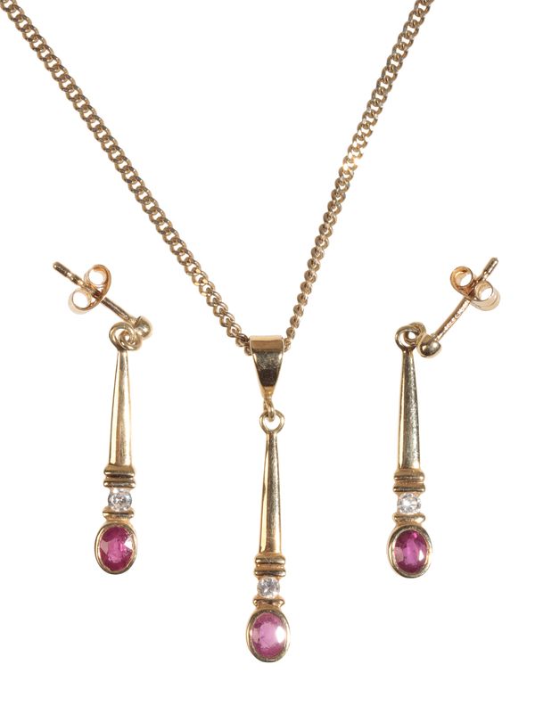 A RUBY AND DIAMOND PENDANT NECKLACE AND ENSUITE EARRINGS