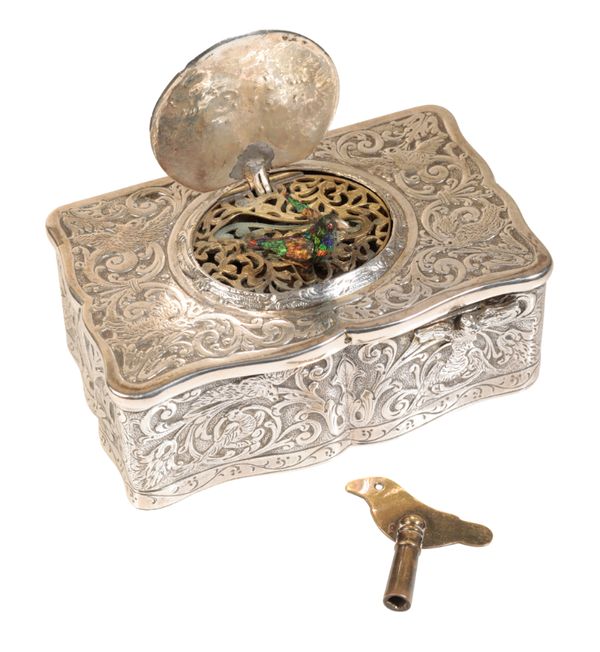 A  19TH CENTURY CONTINENTAL SILVER AUTOMATON  MUSICAL BIRD BOX