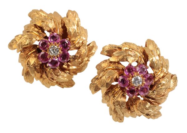 A PAIR OF RUBY & DIAMOND CLUSTER EAR STUDS