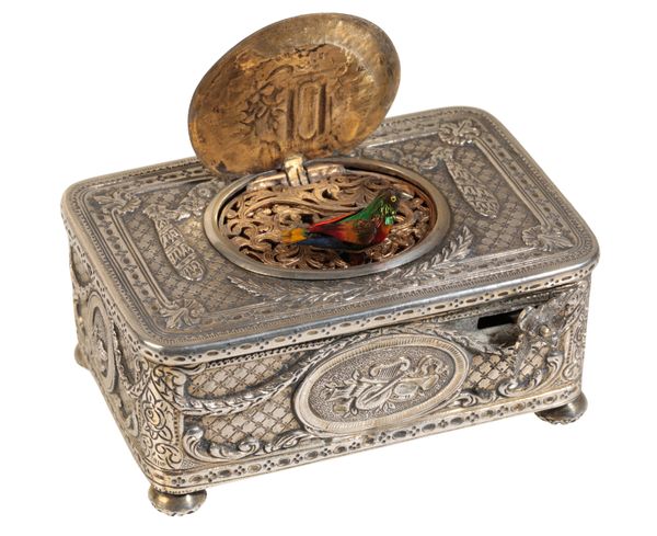 A  19TH CENTURY CONTINENTAL SILVER AUTOMATON  MUSICAL BIRD BOX