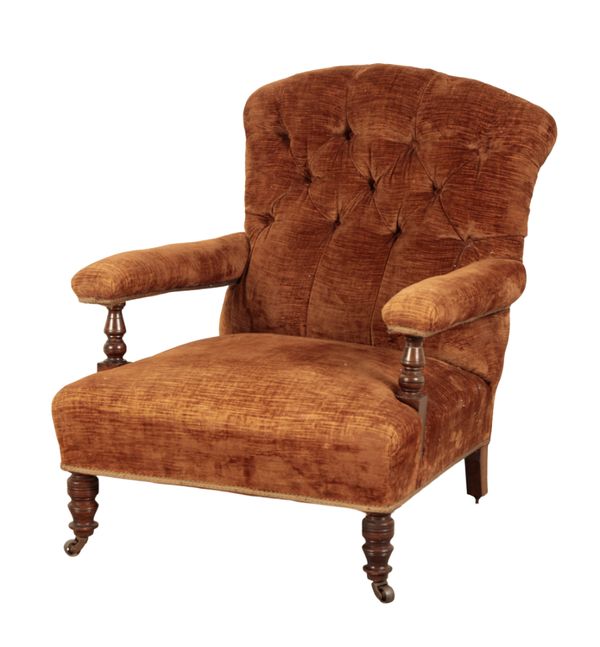 A LATE VICTORIAN STAINED BEECHWOOD OPEN ARMCHAIR