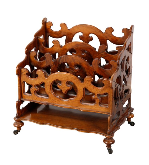 A LATE VICTORIAN FIGURED WALNUT THREE DIVISION CANTERBURY