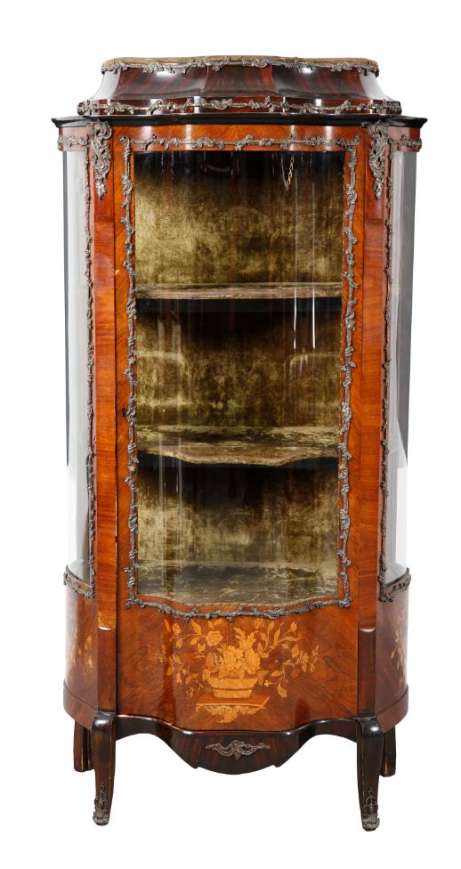 A 19TH CENTURY FRENCH INLAID ROSEWOOD AND GILT METAL MOUNTED VITRINE