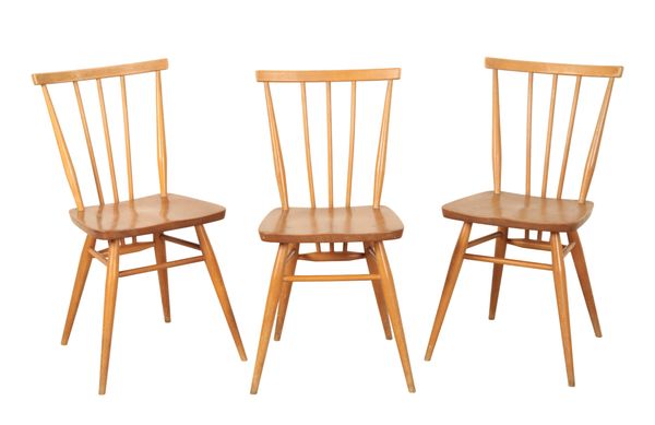 A SET OF THREE ERCOL BLOND ELM 'ALL PURPOSE WINDSOR' CHAIRS