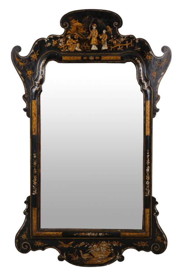 A GEORGE I STYLE BLACK LACQUERED CHINOISERIE MIRROR