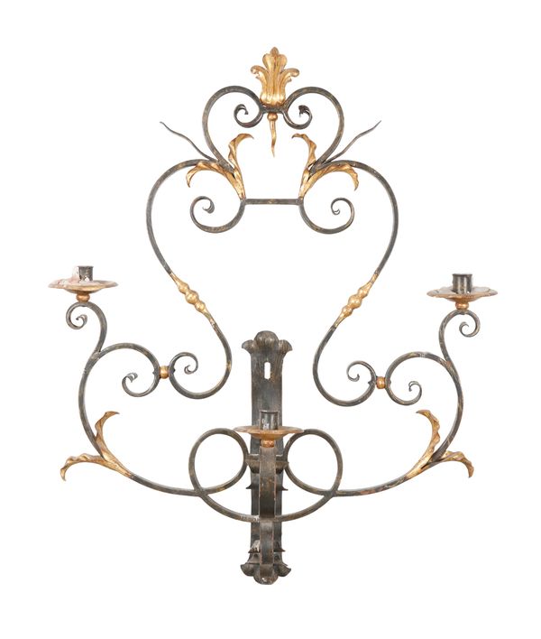 A 20TH CENTURY WROUGHT IRON AND PARCEL GILT GIRANDOLE OF SPANISH DESIGN