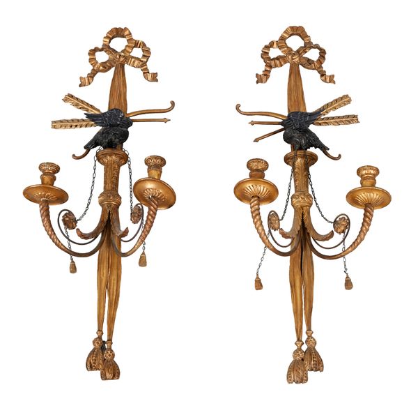 A PAIR OF GILTWOOD TWIN SCONCE GIRANDOLES OF NEOCLASSICAL DESIGN