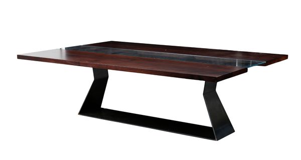 A CONTEMPORARY WALNUT AND GLASS DINING TABLE BY RIVA 1920