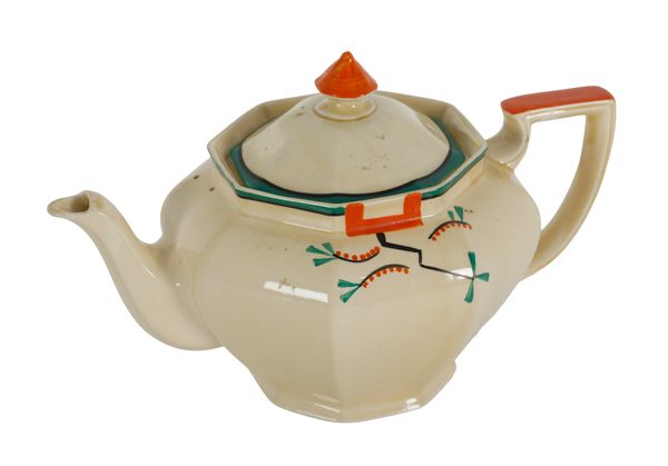 A CLARICE CLIFF 'RAVEL' PATTERN 'ATHENS' SHAPE TEAPOT