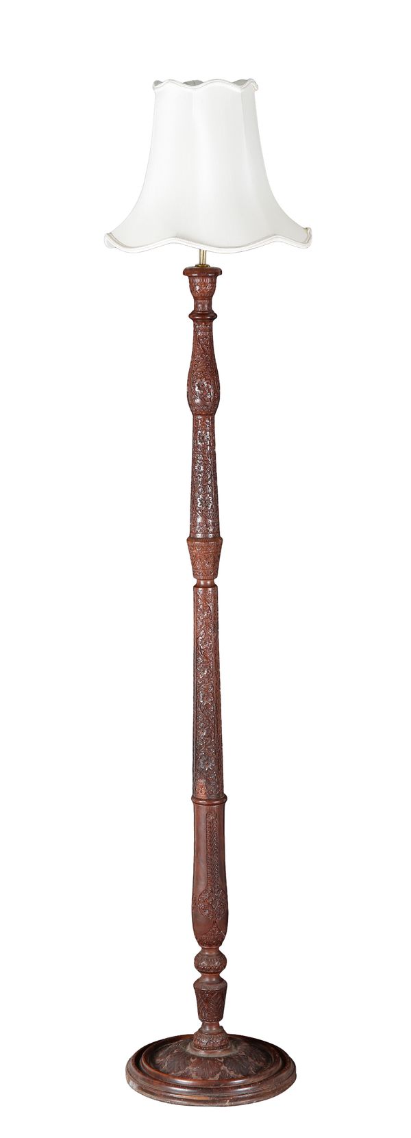 A KASHMIRI CARVED MAHOGANY ELECTRIC STANDARD LAMP