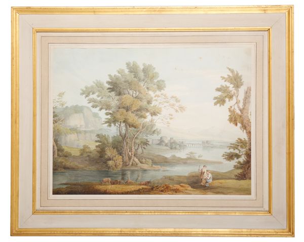 CONTINENTAL SCHOOL, 19TH CENTURY River landscape with figures and cattle to the foreground