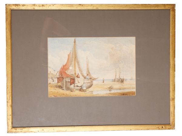 ENGLISH SCHOOL, 19TH CENTURY Fishermen and their boats at low tide