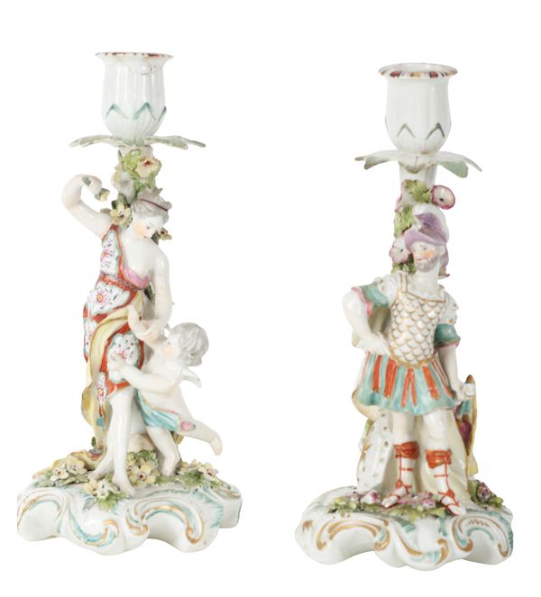 A PAIR OF DERBY PORCELAIN FIGURAL CANDLESTICKS DEPICTING MARS AND VENUS