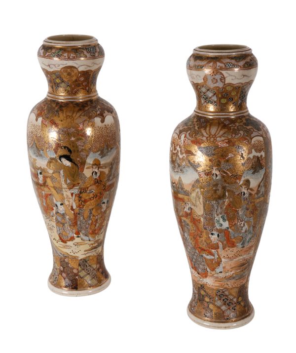 A PAIR OF MEIJI PERIOD JAPANESE SATSUMA POTTERY GARLIC MOUTH VASES