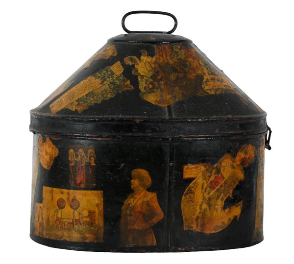 A GIEVES OF LONDON DECOUPAGE METAL HAT BOX