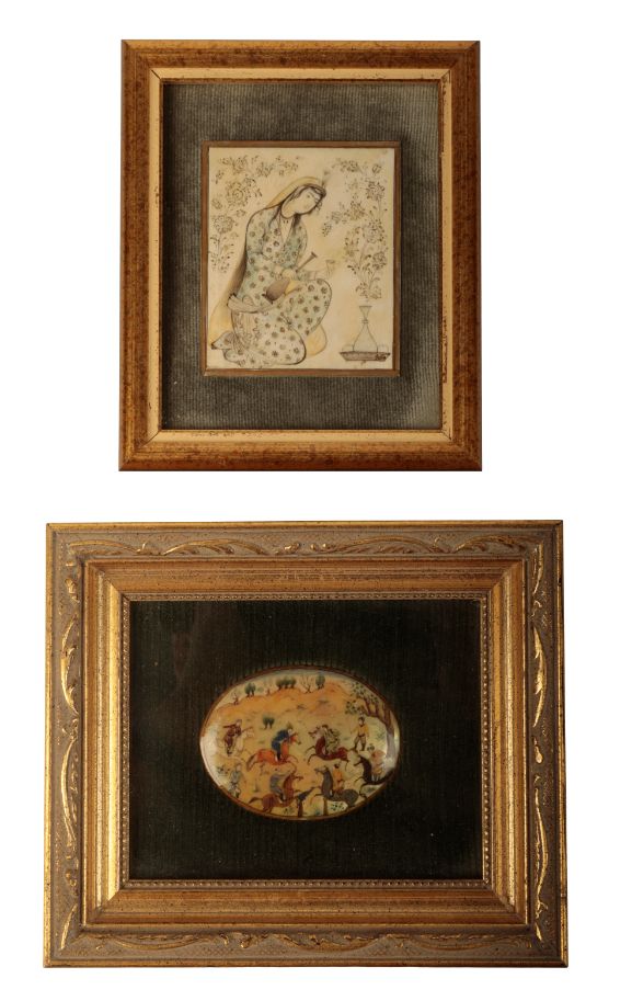 TWO PERSIAN MINIATURE PAINTINGS - POLO MATCH AND SEATED LADY