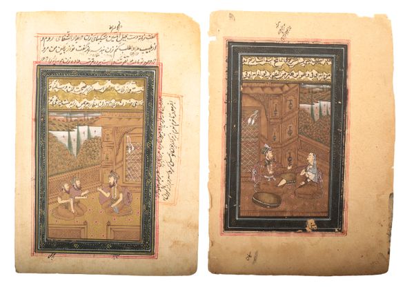 TWO PICTURES DEPICTING SEATED FIGURES WITHIN AN INTERIOR, PERSIAN SCHOOL