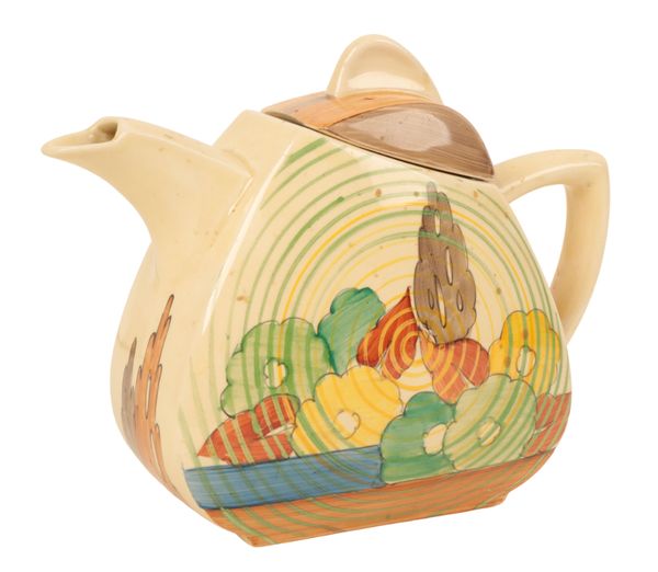 A CLARICE CLIFF TEAPOT AND COVER