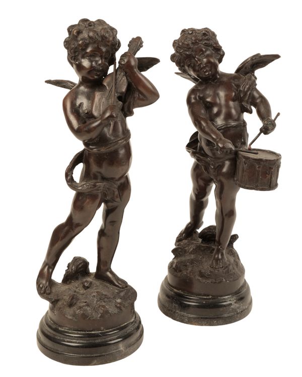 AFTER L&F MOREAU, PAIR OF BRONZE FIGURES, CUPID MUSICIANS