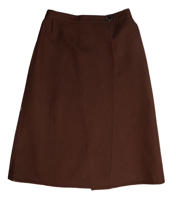 HERMES, PARIS: A LADIES VINTAGE TWO TONE BROWN REVERSABLE WOOL SKIRT