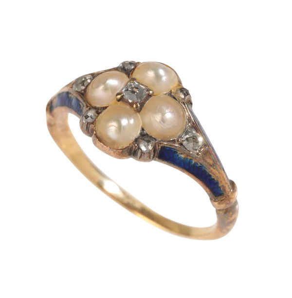 A 19TH CENTURY DIAMOND PEARL AND ENAMEL RING