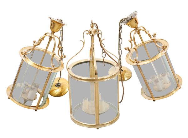 A PAIR OF BRASS THREE-LIGHT HALL LANTERNS