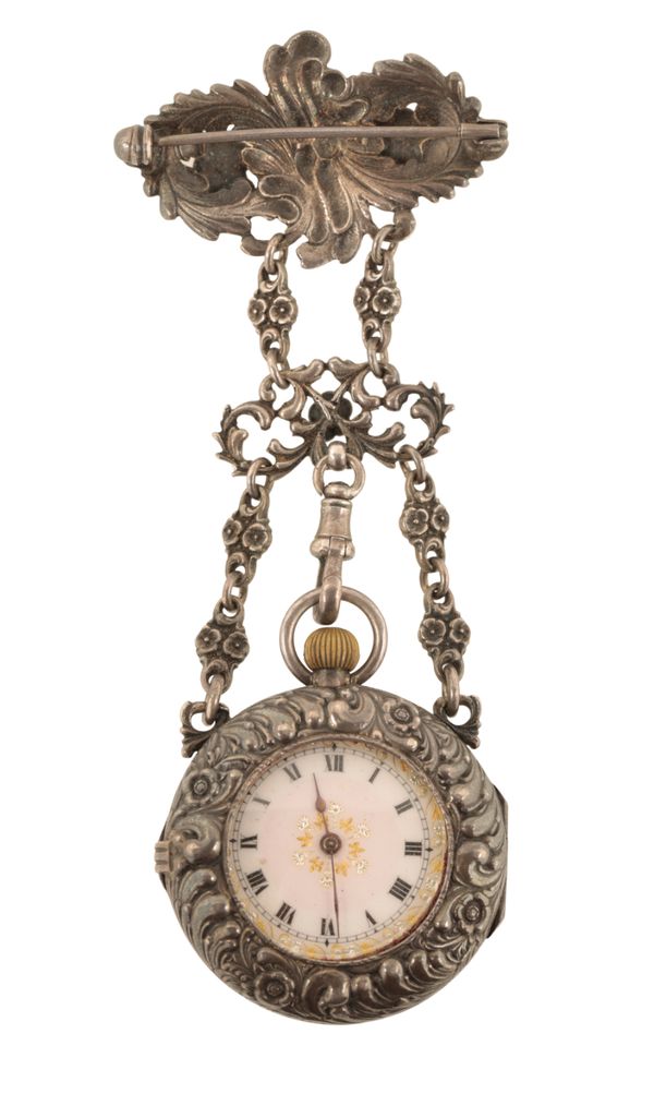 A LADY'S SILVER CASED FOB WATCH